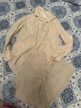 H&m Light Beige Linen Button-Up Top and Pants Set